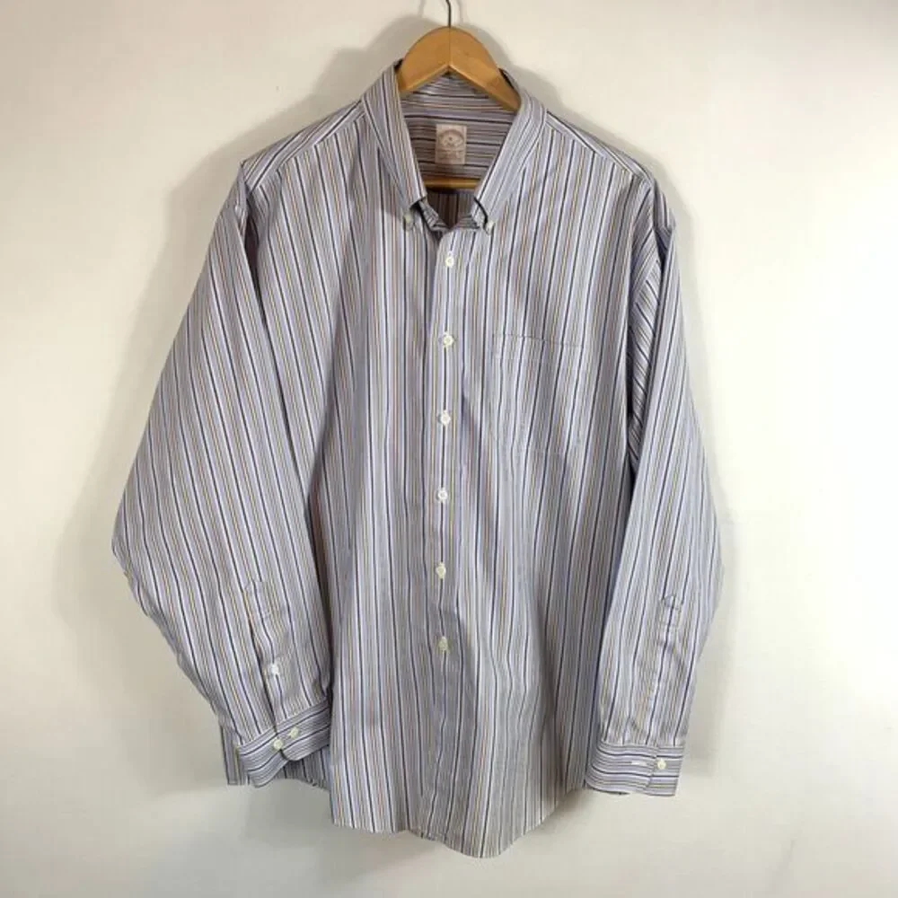 Brooks Brothers 360 Mens Blue White Brown Striped Long Sleeve Button-Up Shirt XL